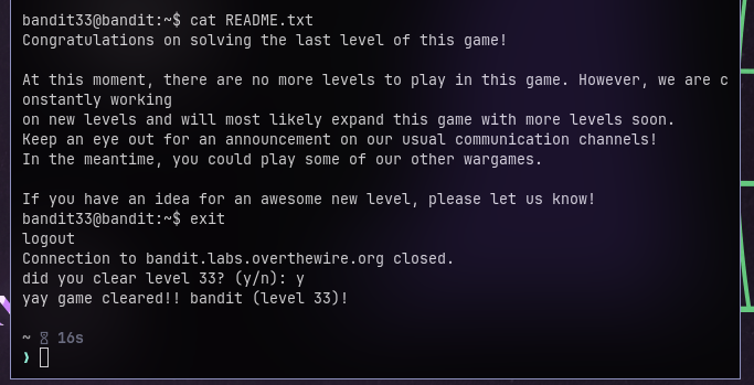 screenshot showing overthewire bandit completion